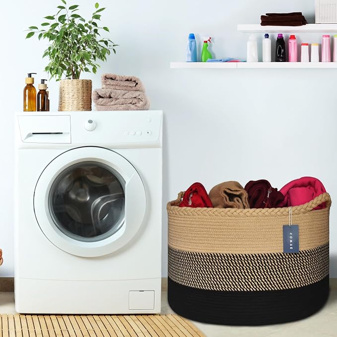 COMSE XXXLarge Woven Blanket & Laundry Basket, 87L, Brown & Black | 21.7" x 13.8", Cotton Rope, Nursery Hamper for Storage of Toys Clothes Towels, Ideal for Living Room Bedroom Bathroom