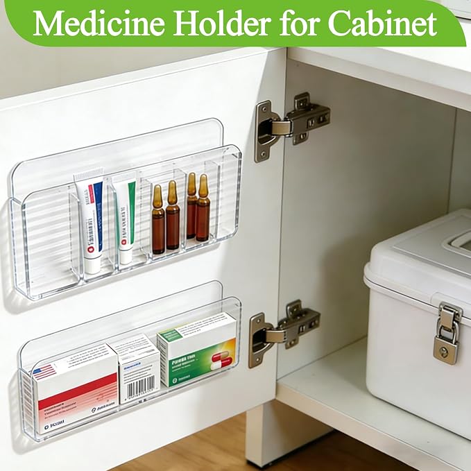 Medicine Holder for Cabinet Door, 2-Pack Reusable Medicine Organizer for Inside Cabinet Storage, Ultra-Sticky Adhesive Mount (Clear)