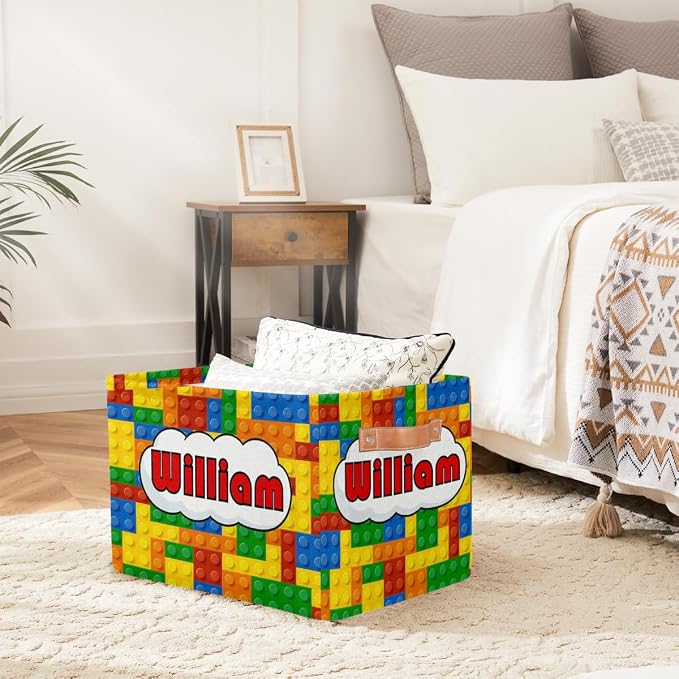 Personalized Rectangle Storage Basket with Handles, Custom Name Cube Organizer Bins for Shelves Collapsible Toys Storage Box Clothes Baskets for Nursery Home Kids Room(Colorful Building Blocks)