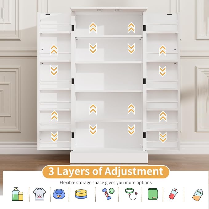Saudism 47" Dog Food Storage Cabinet with Adjustable Shelves, White | Freestanding Pet Storage Container Organizer for Living Room and Dinning Room