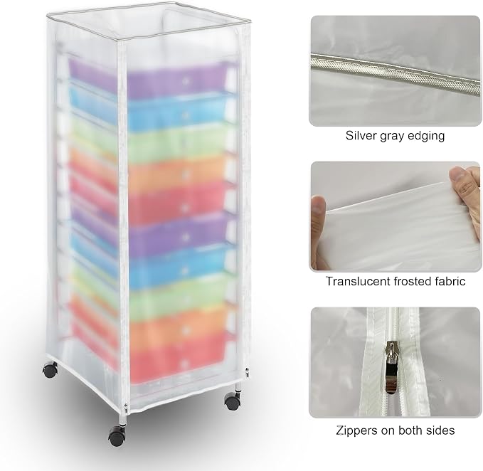 Utility Cart Cover Frosted PVC 10 Drawer Cart Cover with Zipper Access | Semi-transparent frosted PVC, roll-up panel, top buckle straps, dual zippers, inner fastening straps, dust protection