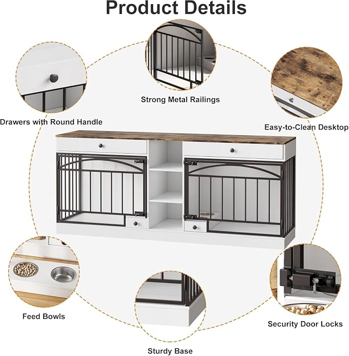 Dog Crate Furniture for 2 Dogs, Double Dog Crate TV Stand, White | 78.7'' Large Dog Kennel Indoor, 2 Storage Drawers, 3 Shelves and Feeding Bowls, Pet Kennel for Small and Medium Dogs