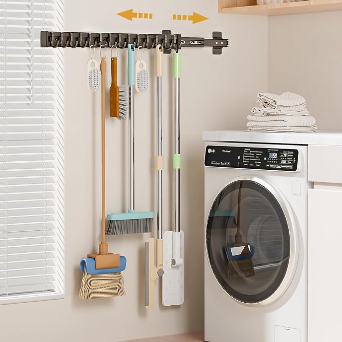 Pull Out Broom Holder With 14 Adjustable Row Sliding Hook - Black 22inch | High Load Capacity, Multifunctional Slide Broom And Mop Storage/Organizer Garage Organization Hook, for Closet Laundry Garage