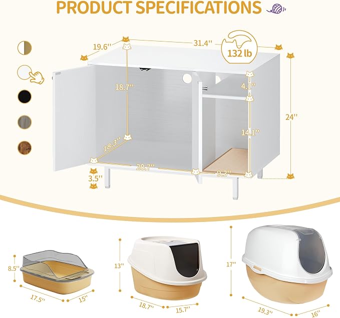 Hzuaneri Cat Litter Box Enclosure, Hidden Litter Box Furniture with Storage | Large Wooden Cabinet with Sisal Mat, Modern Cat Washroom for Living Room, Bedroom, Entryway, White CB01513W