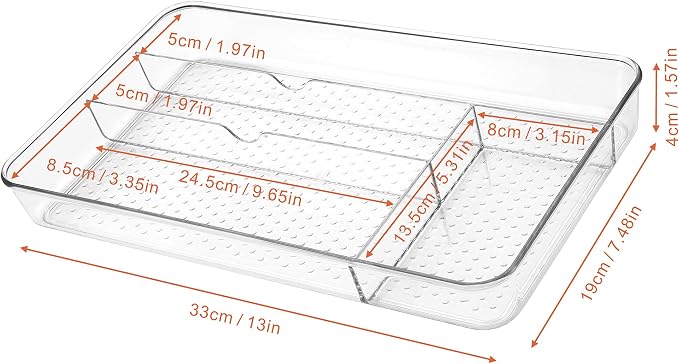 Lonian Multi-Purpose Drawer Organizer Tray, Clear PET Plastic Cutlery Utensil Divider, No-Slip Storage Box for Kitchen Drawer, Makeup, Bathroom, and Office Supplies