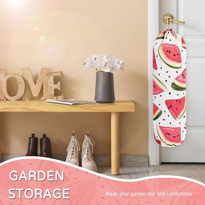 Plastic Bag Holder, Reusable Grocery Bag Holder for Plastic Bags Groceries Store, Flower Canvas Trash Plastic Bag Organizer Storage Holders for Home Kitchen Pantry Decor (Cute Watermelon)