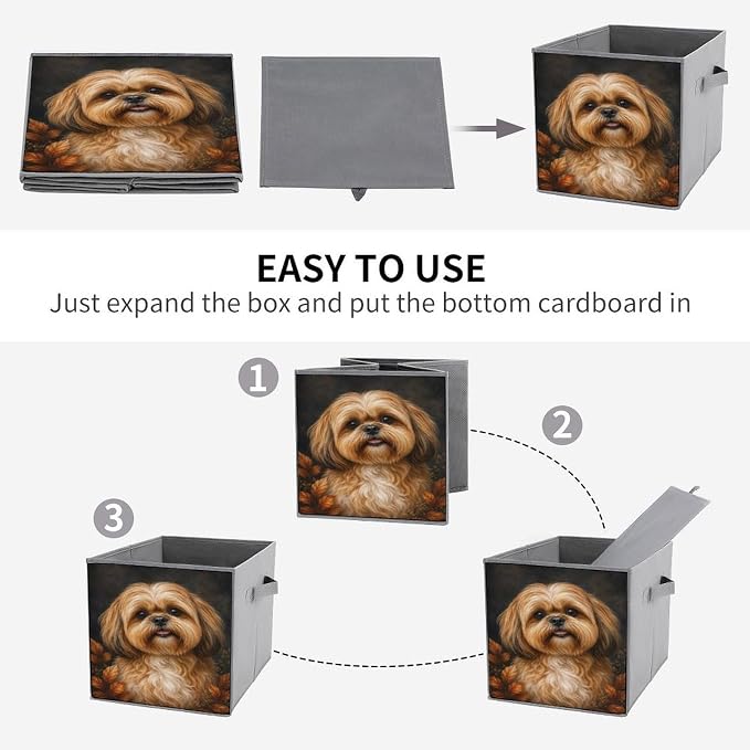 Shih Tzu Dog Portrait Autumn Leaves Storage Bin with Handles, Oxford Fabric Foldable Storage Cube Organizer for Clothes, Towels, Bedroom, Living Room, Home Organization