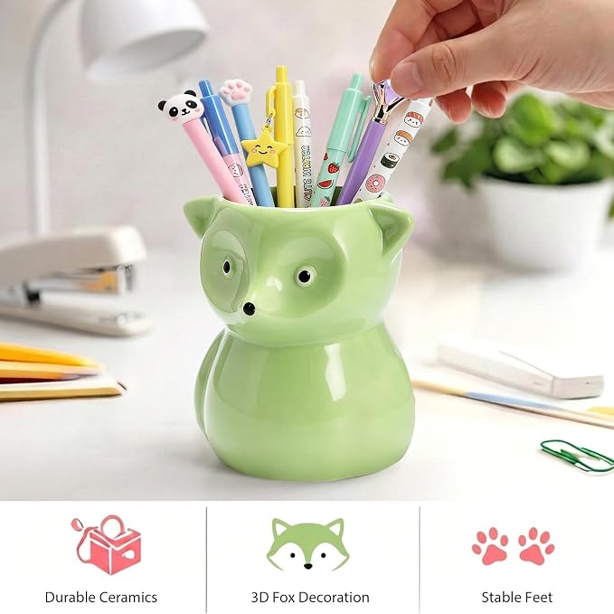 Ceramic Fox Shaped Pen Pencil Holder for Desk Decoration Accessories Fox Decor Makeup Brush Pen Cups Office School Ideal Gifts for Women, Mom or Birthdays