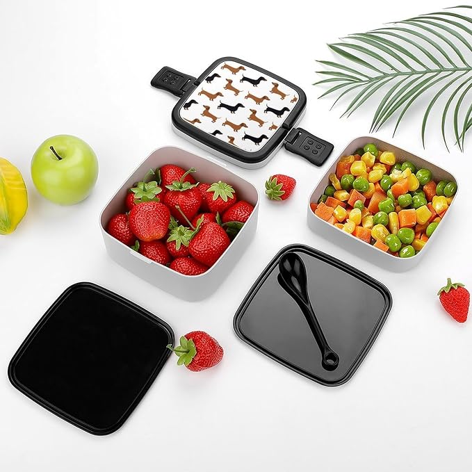 Dachshund Weiner Pet Dogs Double Layer Bento Box, 1000ml Stackable Leakproof Lunch Container with Spoon, Portable 2-Tier Food Storage Box for Office Work Picnic Camping and Travel