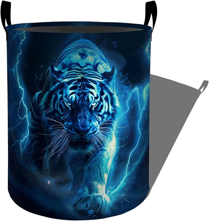 Majestic Tiger with Blue Lightning Strikes Laundry Basket with Handles, 19.7"x15.7" Clothes Foldable Laundry Hamper Organizer for Dorm Nursery Bedroom Bathroom Decor, Toy Storage Bin for Kids
