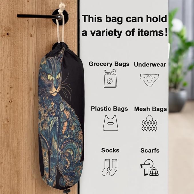 Cat Pattern Plastic Bag Holder Washable Grocery Bag Storage Dispenser Reusable Hanging Shopping Bags Carrier Wall Mount Plastic Bag Organizer for Home Kitchen Decor