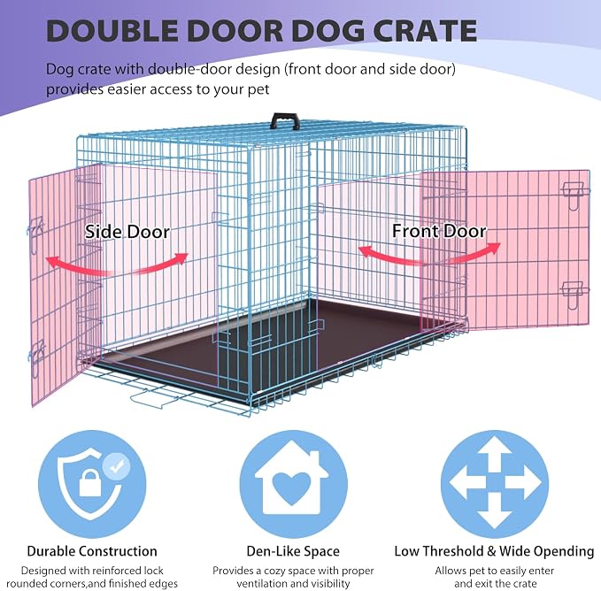 BestPet | Dog Crate | 48" | Blue | Foldable Metal Kennel with Double Doors | Secure Slide-Bolt Latches, Leakproof Tray | Portable Dog Cage for Large Breeds | for Travel, Indoor & Outdoor Use