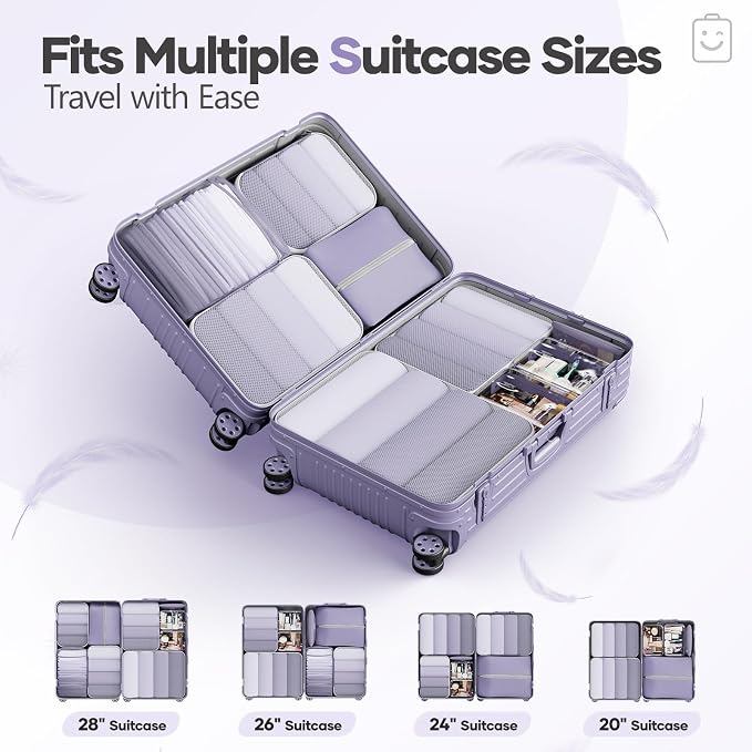 Veken 9/11 Set Compression Packing Cubes Garment Bags for Travel Essentials,Compressible Expandable Luggage Organizer Bags for Clothing,Space Saver Bags with Over 1000 pcs of Mesh Holes(Purple Gray)