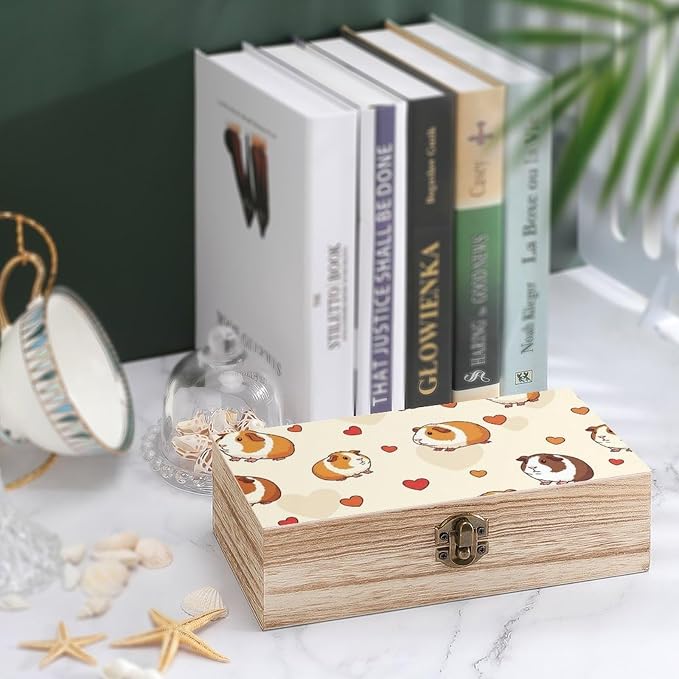 Wooden Storage Boxes Decorative Keepsake Organizer with Lid, Cute Guinea | Pig Pets Memory Box for Picture Letters, Holiday Party Decoration, 9.2x5.5x3.9 Inch
