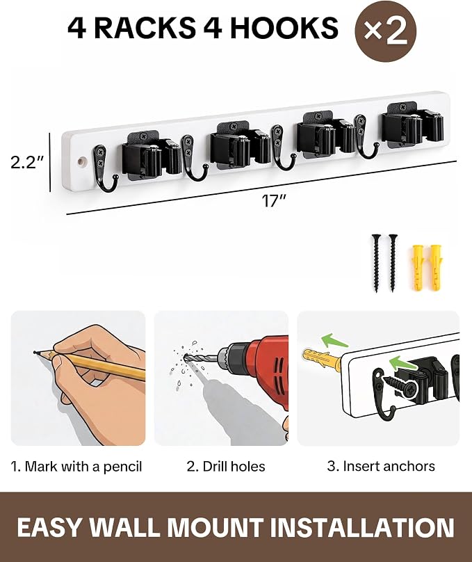 Lorbro 2 Pack Broom Holder Wall Mount, Wooden Rack with 4 Slot & 4 Hook | Broom and Mop Organizer Wall Hanging, Tool Organizer for Laundry Room, Closet, Garage, Kitchen