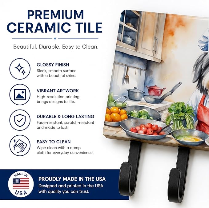 Caroline's Treasures Bearded Collie The Chef Leash or Key Holder Wall Hooks, Key Hooks Holder, Coat Rack Wall Mount, Coat Hooks, Hooks for Hanging Keys, Towels, Aprons, Leashes | Bearded Collie The Chef artwork on ceramic tile with three steel hooks fo...