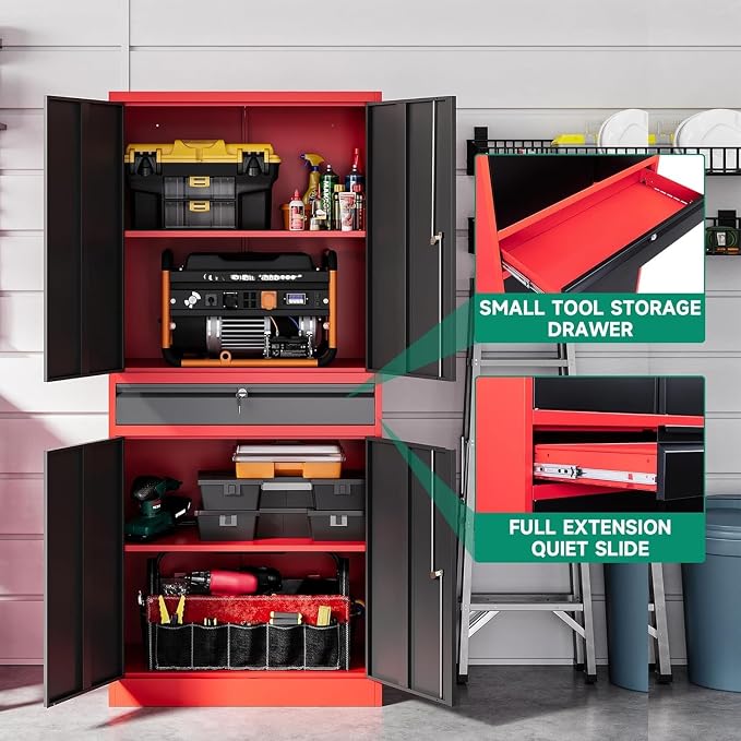 Metal Garage Storage Cabinet with Drawer,4 Door Tool Cabinet with Adjustable Shelves for Garage Home Office Utility Room (Red)