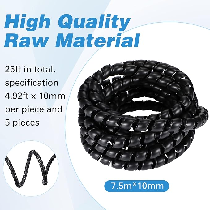 Flutesan Dog and Cat Cord Protector 24.6 ft 10 mm Spiral Cable Wire Wrap from Pets No Chew Cat Proofing Cords 5 Pcs/Pack for TV Computer Ebike Electrical Wire(Black)