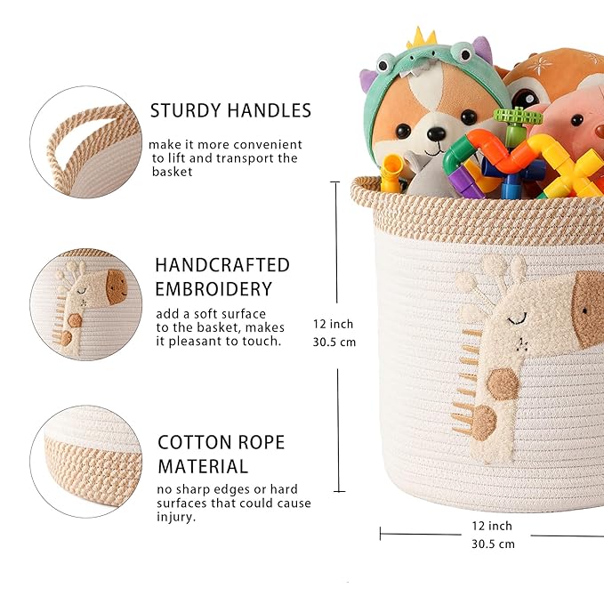 Toy Storage Baskets Woven Cotton Rope Storage Basket for Kids, Blanket Baskets for Living Room Toys Organizer with Embroidery Decor, Cute Baskets with Handle for Nursery, Playroom (Giraffe)
