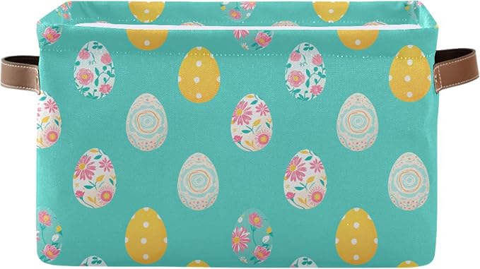 Wamika Happy Easter Day Eggs Storage Basket Fabric Laundry Baskets Easter Rabbit Bunny Spring Storage Boxes Organizer Bag for Baby Cloth Dog Toy Book Storage Cubes Shelf Closet Bins 16×12×8 Inches