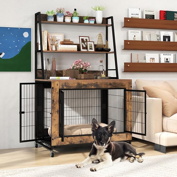 PETSITE Portable Dog Crate Furniture with Storage Shelves, 59 Inch Wooden Dog Kennel with Flip-up Top, 3 Lockable Doors and Removable Tray, Ideal for Small to Medium Dogs (Rustic Brown)