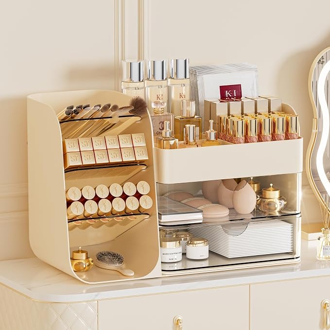 Cute Makeup Organizer Countertop for Vanity Bathroom Organizer, Cream | Beauty Organizers and Storage with Brush Holder and Drawer, Make up Organizer for Perfume Lotions Psticks, Eyeshadow Palettes