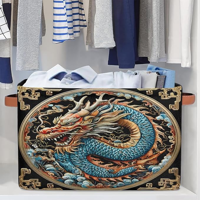 Pardick Dragon Basket Storage Bins Rectangle Canvas Basket Cube Storage Box | Nursery Foldable Basket with Handle for Kids Girls Boys Toys Living Room Closet Organizer Shelf Gifts Blue Gold