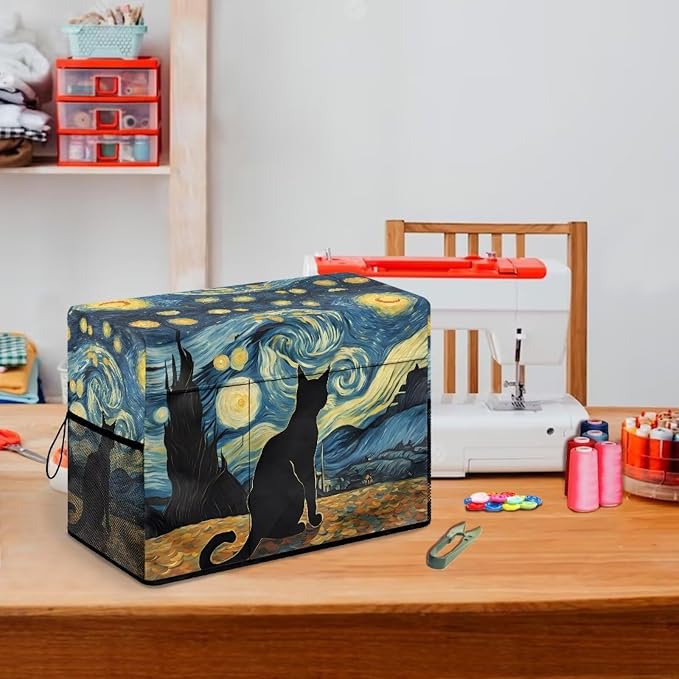 Classic Starry Night Themed Sewing Machine Cover with Black Cat Artwork, Heavy-Duty Dust & Pet Hair Protection with Storage Pocket, Fits Brother, Singer, Janome Machine (Blue)
