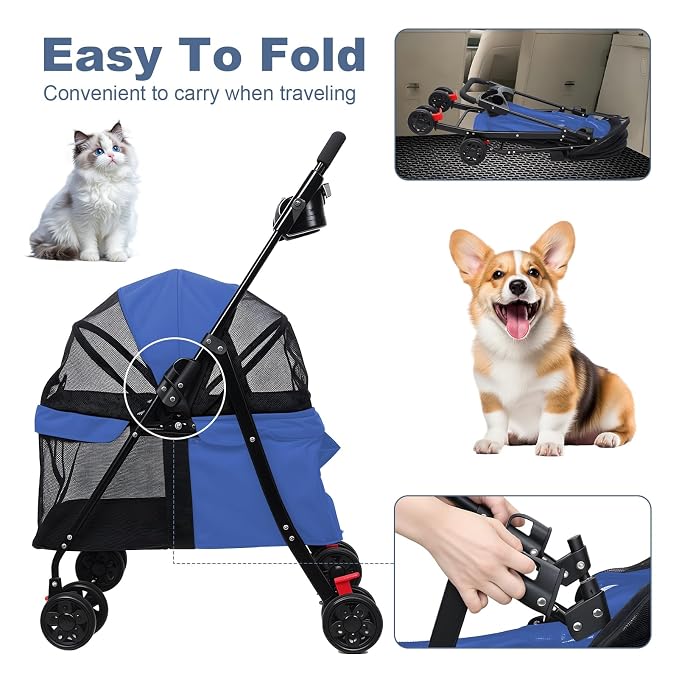 4‑Wheel Foldable Pet Stroller, Travel Strolling Cart for Small & Medium Dog | Breathable Visible Mesh Window, Cup Holder & Storage Basket, Rear Wheel Dual Brake, Portable Folding Design Navy Blue
