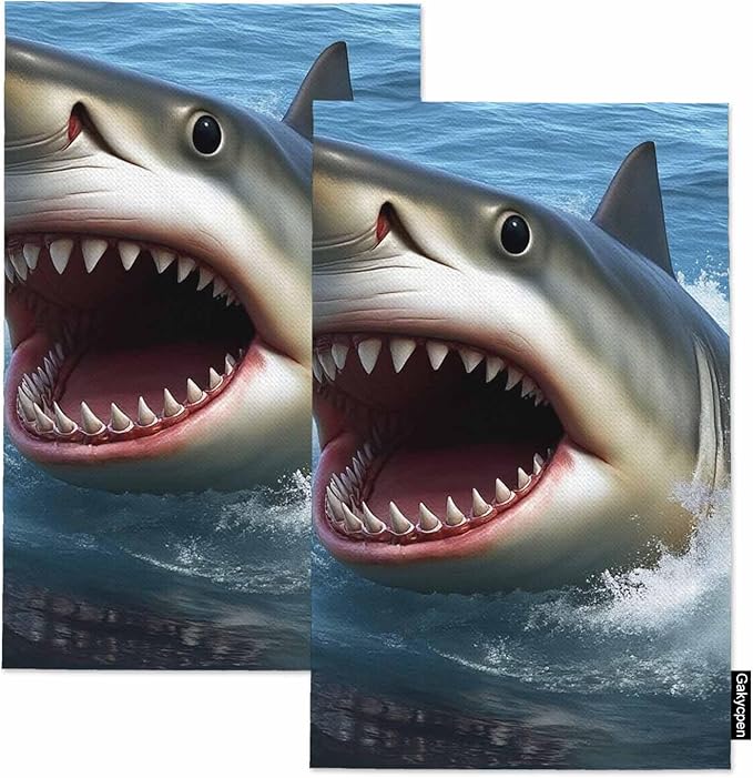 Shark Kitchen Towels Great White Shark Open Mouth Jumping Water Soft and Super Absorbent Dish Towels 2 Pack 16 X 24 Inches