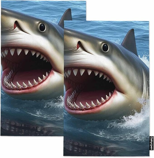 Shark Kitchen Towels Great White Shark Open Mouth Jumping Water Soft and Super Absorbent Dish Towels 2 Pack 16 X 24 Inches