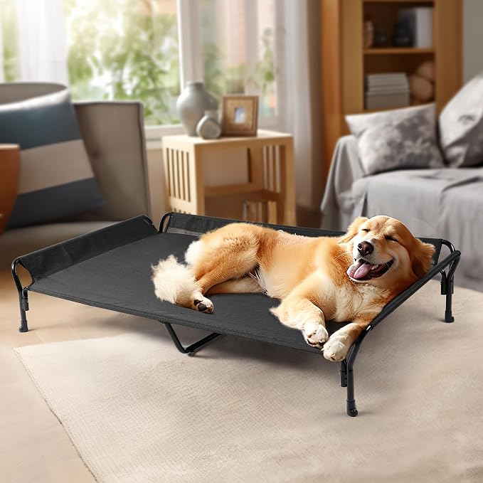 Veehoo Cooling Elevated Dog Bed, Raised Dog Cot with Guardrail & Headrest | Washable Dog Couch Bed for Indoor & Outdoor, Durable Breathable Teslin Mesh, Non-Slip Feet, XX Large, 63" x 37", Black