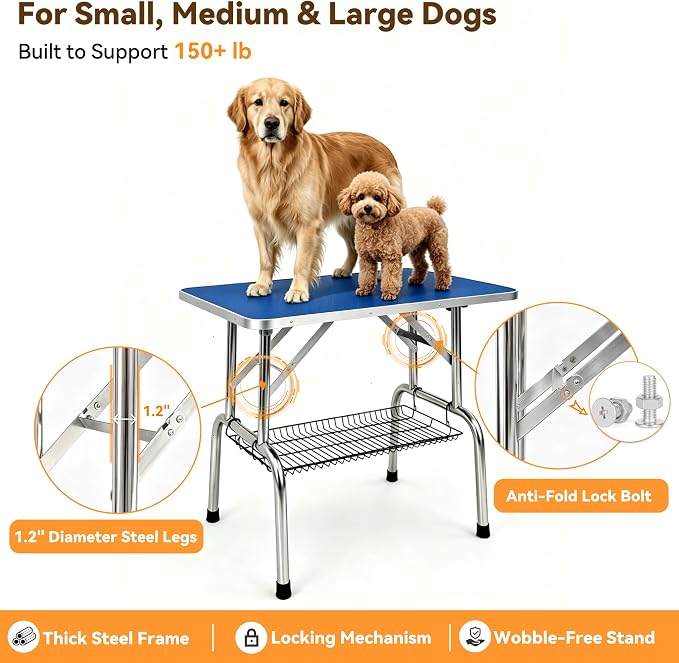 36" Foldable Dog Grooming Table with Adjustable H-Frame Arm & 2 Nooses, Heavy-Duty Stainless Steel Frame, Non-Slip Top, Tool Caddy and Mesh Tray, Blue