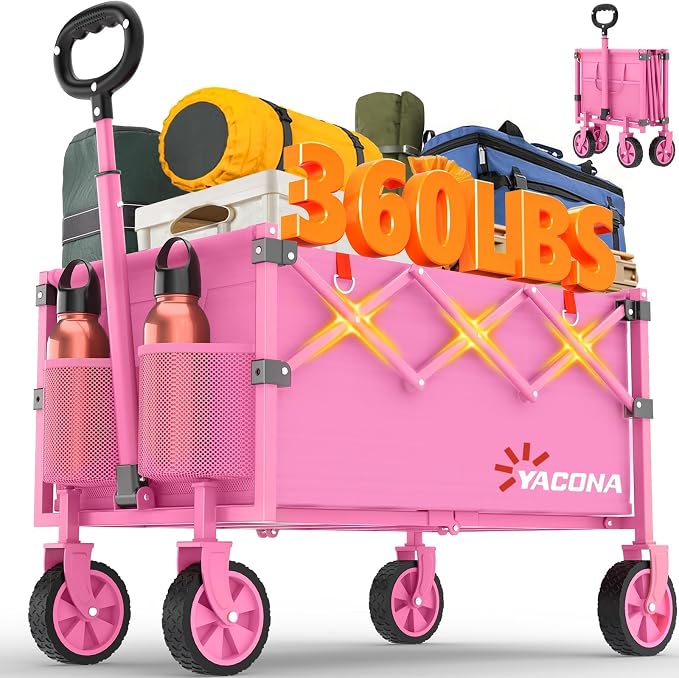 Yozoia Wagons Carts Foldable,Utility Beach Grocery Wagon with Wheels,Pink | Foldable, Lightweight, Portable, Simple Installation, for Camping Shopping Beach Garden Sports