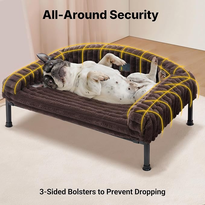 Veehoo Elevated Dog Bed with Bolster Cushion, Fluffy Plush Dog Couch Beds for Small Dogs, Cats, Washable Raised Pet Cot with Non-Slip Feet for Indoor or Patios Use, 36 x 28 Inches, Brown