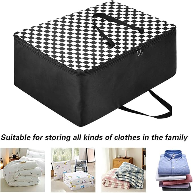 Comforter Storage Bags Large Folding Blanket Organizer Bag with Strong Handles Clear Window Closet Storage Containers for Clothes King Queen Pillows Bedding Quilt Duvet Checkered Black and Whit
