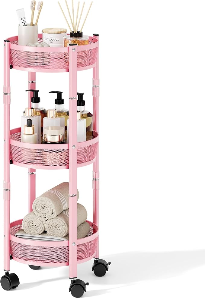 TOOLF 3 Tier Foldable Rolling Cart, Metal Utility Storage Cart, Pink | Assembly-Free, Lockable Wheels, Round Trolley Organizer for Bathroom, Kitchen, Office, Dorm, Laundry, Craft Room