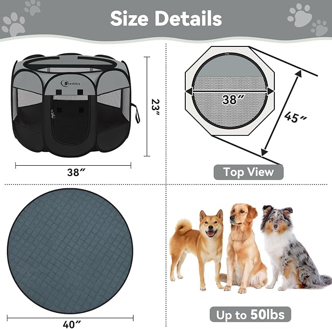 Siedihit Playpen for Large Dog Cat, Dogs Tent Crate Cage Indoor/Outdoor, Portable Pop Up Dog Kennel with Carrying Bag for Rabbits, Removable Top