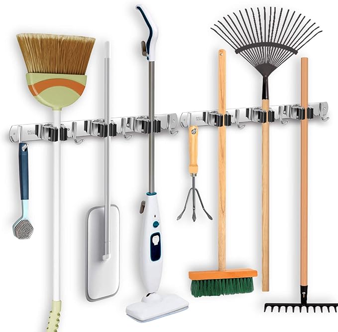 IMILLET 2 Pack Broom Holder Wall Mount Stainless Steel Mop Organizer | 3 Racks 4 Hooks Heavy Duty Garage Organization Storage,Broom and Mop Organizer Wall Hanging Self Adhesive for Laundry Room