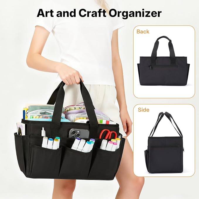 Craft Organizer Tote Bag, Art Storage Caddy with Multiple Pockets | Art Supplies Storage, Sewing Bag, Scrapbooking for School, Home and Office (Black)