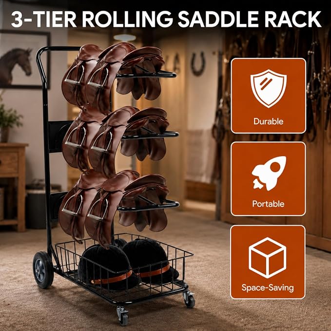 Rolling Saddle Rack Cart with Basket, 220 Lbs, 32.3*16.9*49.8 inch | Horse Tack Dolly Saddle Stand for Western & English Saddles, Heavy Duty Saddle Stand for Tack Room, Bridle, Horse Lovers