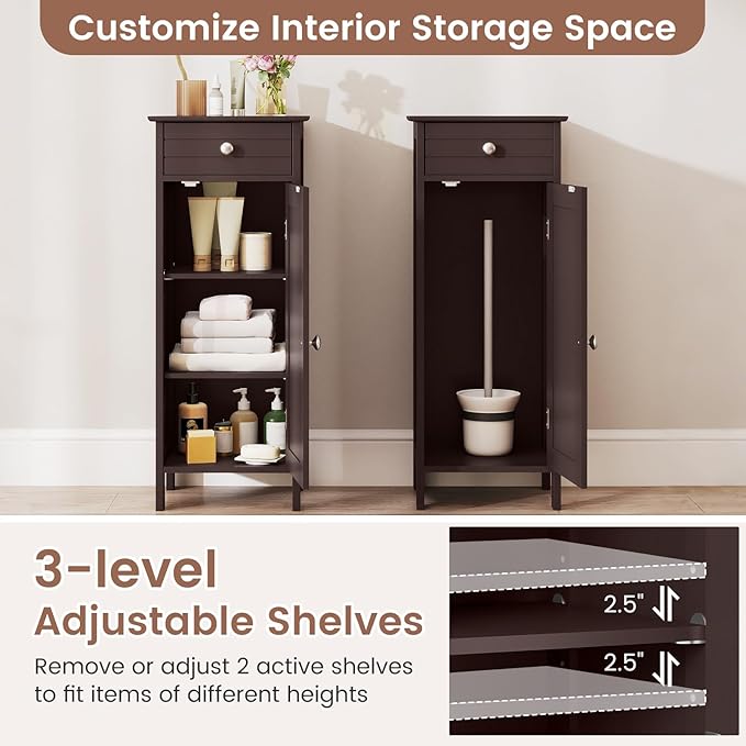 GLACER Floor Storage Cabinet, Bathroom Storage Cabinet (Brown) | 2 Adjustable Shelves | Ideal for Bathroom, Living Room | 14 x 12 x 34.5 inches