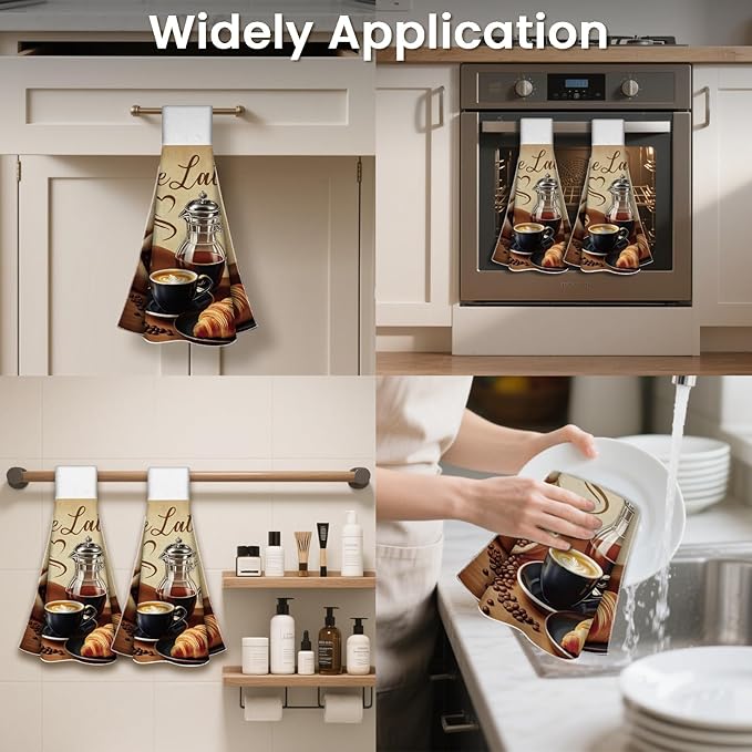 CUTHOLLOW Coffee Element Hanging Kitchen Towels with Loop, Set of 2 - Soft & Super Absorbent Microfiber Decorative Hanging Dish & Hand Towel, Tea, Coffee Towel for Kitchen Bathroom Oven Handle