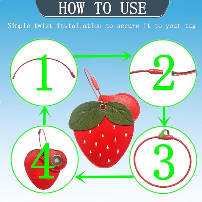 PU Leather Luggage Tag with Airtag Holder Case Set and Name ID Label | Hidden Compartment for AirTag Travel Suitcase Tracking Case with Stainless Steel Loop,Cute Fruit Plant Styles,Strawberry