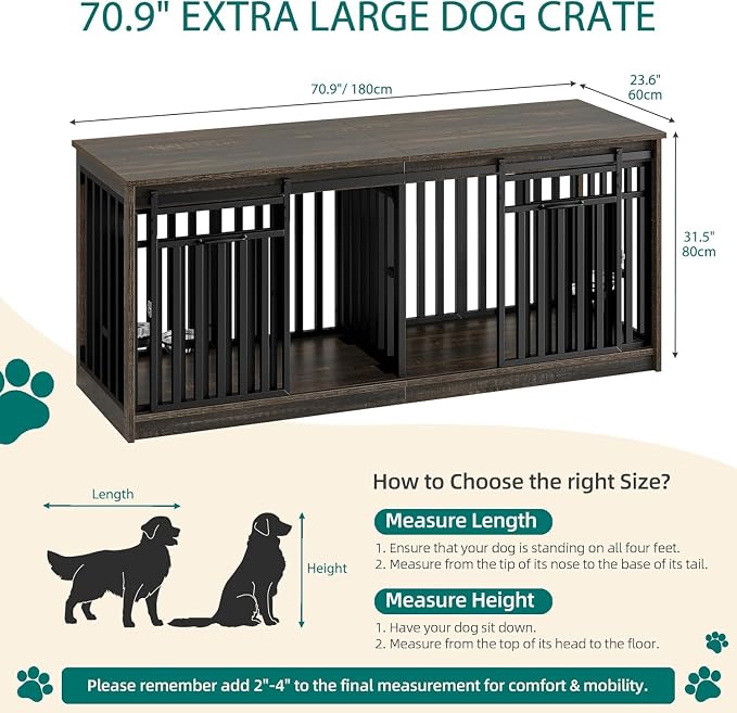 DWVO 71" Double Dog Crate Furniture for 2 Medium Dogs with Dog Bowls | Heavy Duty Wood Dual Dog Kennel TV Stand with Sliding Doors, Decorative 2 Dog Cage Table for Extra Large Dogs Black Oak