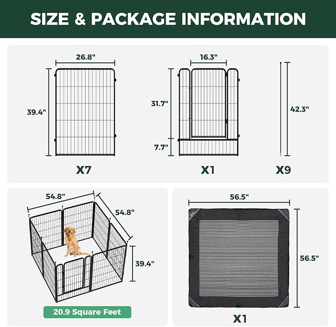 FXW Rollick Dog Playpen with Mesh Top Cover, 40"H, 8 Panels | Heavy-Duty & Easy setup Play Area, Helps Deter Jump-Outs, Indoor Use, For Medium & Large Dogs, Patented