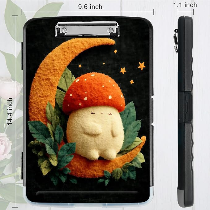 A4 Clipboard with Storage Pen Holder, Clipboards Organizer Nursing Clipboard Foldable File Folder Plastic Clipboard Folio Clip Board for Office Work Classroom Doctor, Orange Moon Mushroom