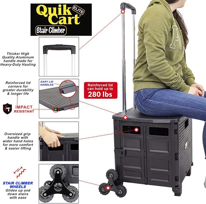 dbest Products Quik Cart Elite Stair Climber Rolling Crate - Black | Collapsible, with Wheels, 120 lbs Capacity, Heavy Duty, Telescoping Handle, Folding Utility Cart with Seat