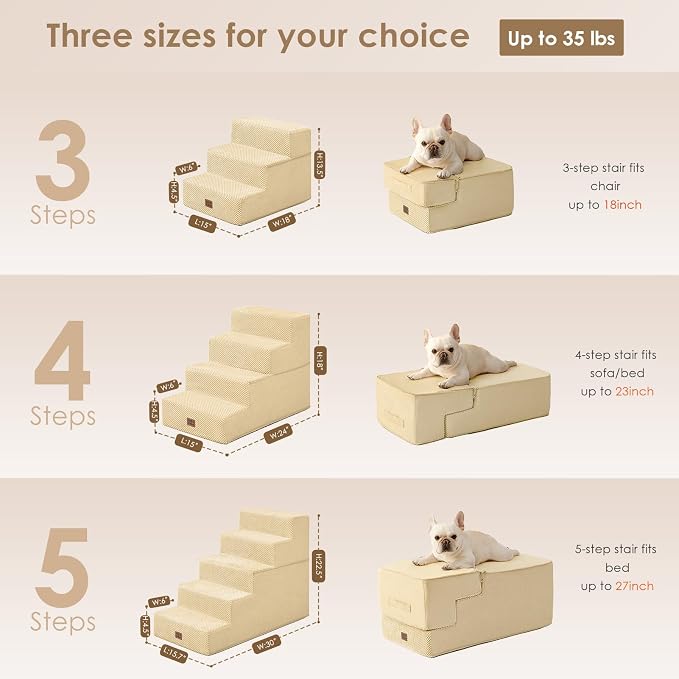EHEYCIGA Dog Stairs for Small Dogs 13.5" H, 3-Step Dog Steps for Cats, Graige