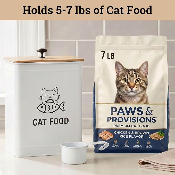 Metal Cat Food Container with Scoop 5-7 lb (25 Cup), w/ Airtight Bamboo Lid | Cat Kibble Canister with Metal Scoop, 25 Cups, Chew Proof Iron Body, Powder Coated, Airtight Bamboo Lid, Sturdy Metal Handle